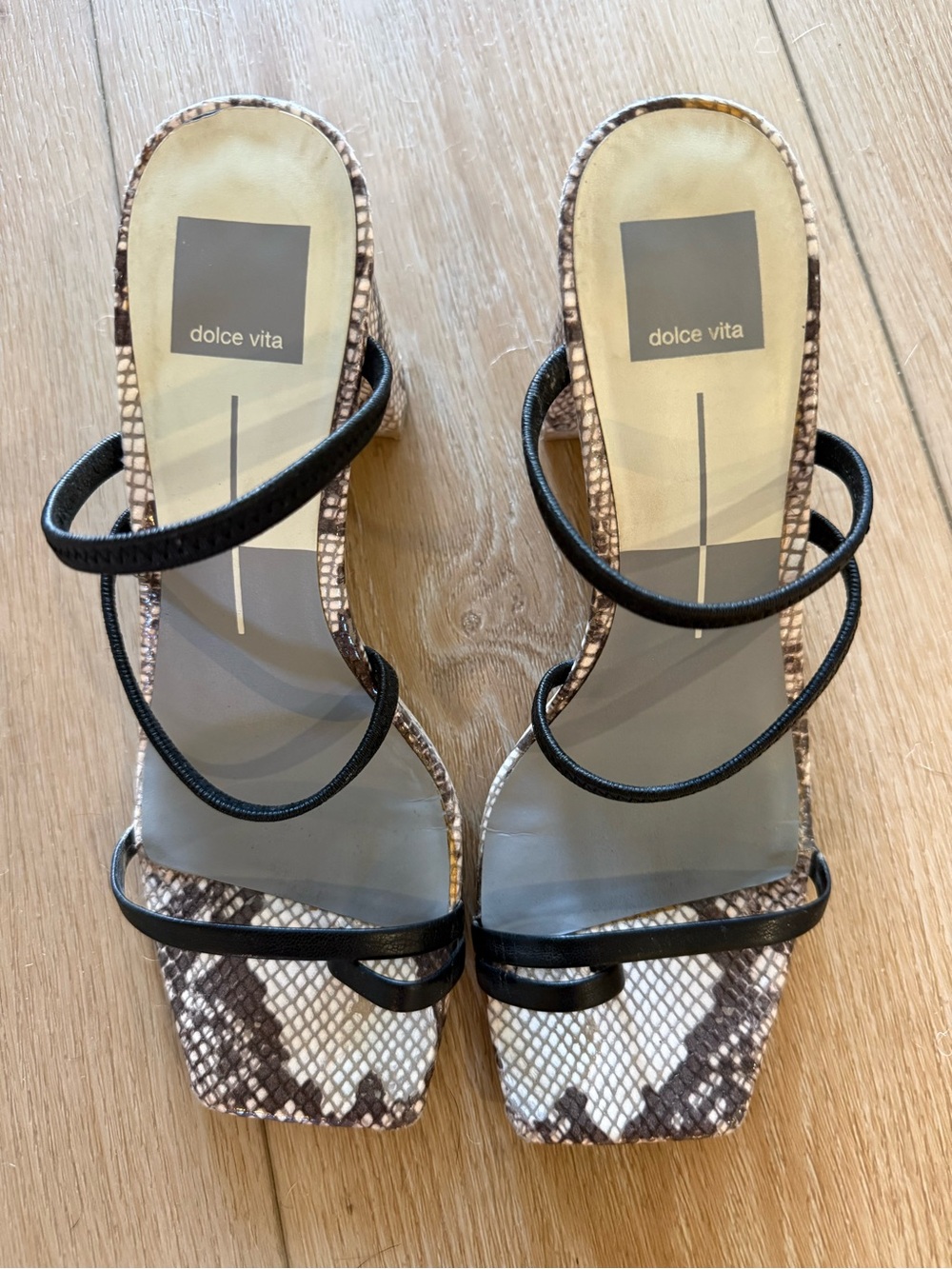 Dolce Vita Black Strappy Snake-Print Square-Toe Heels